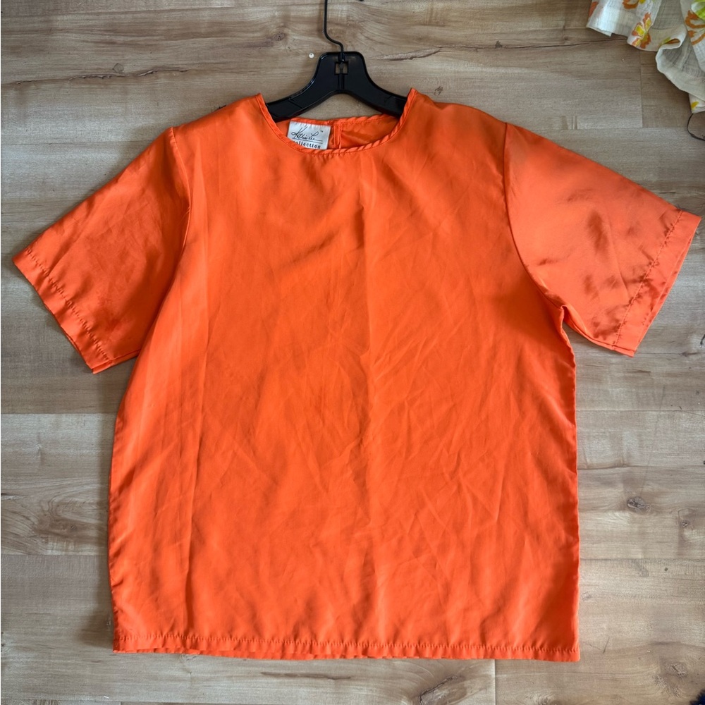 Vintage Satin Bright Orange Boxy Short Sleeve Blouse